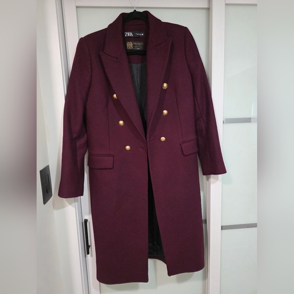 Zara Manteco Wool Elegant Burgundy Long Coat Double Beasted Gold Button - Picture 3 of 17